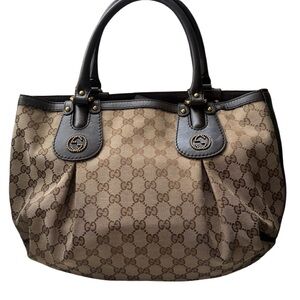 Gucci Tan and Dark Brown Monogram Handbag tote designer gold purse bling luxury